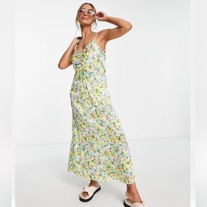 Stradivarius satin midi slip dress in floral print